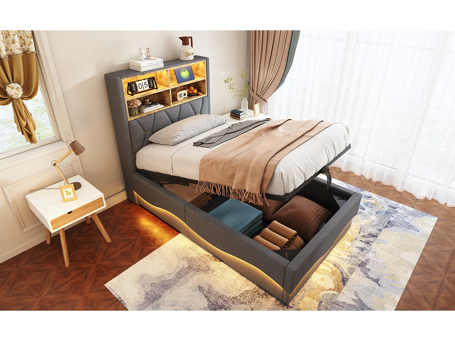 Cama con canapé de 90x200 cm en lino gris - Cama individual con LED y USB - Somier de láminas metálicas