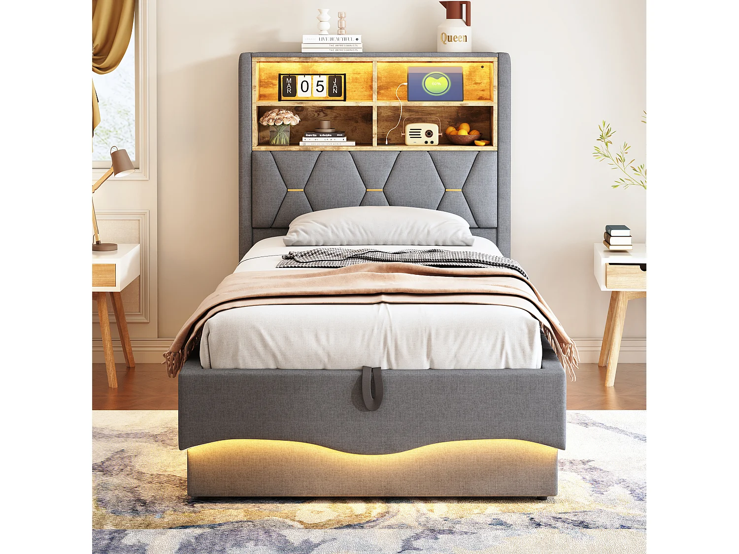 Cama con canapé de 90x200 cm en lino gris - Cama individual con LED y USB - Somier de láminas metálicas