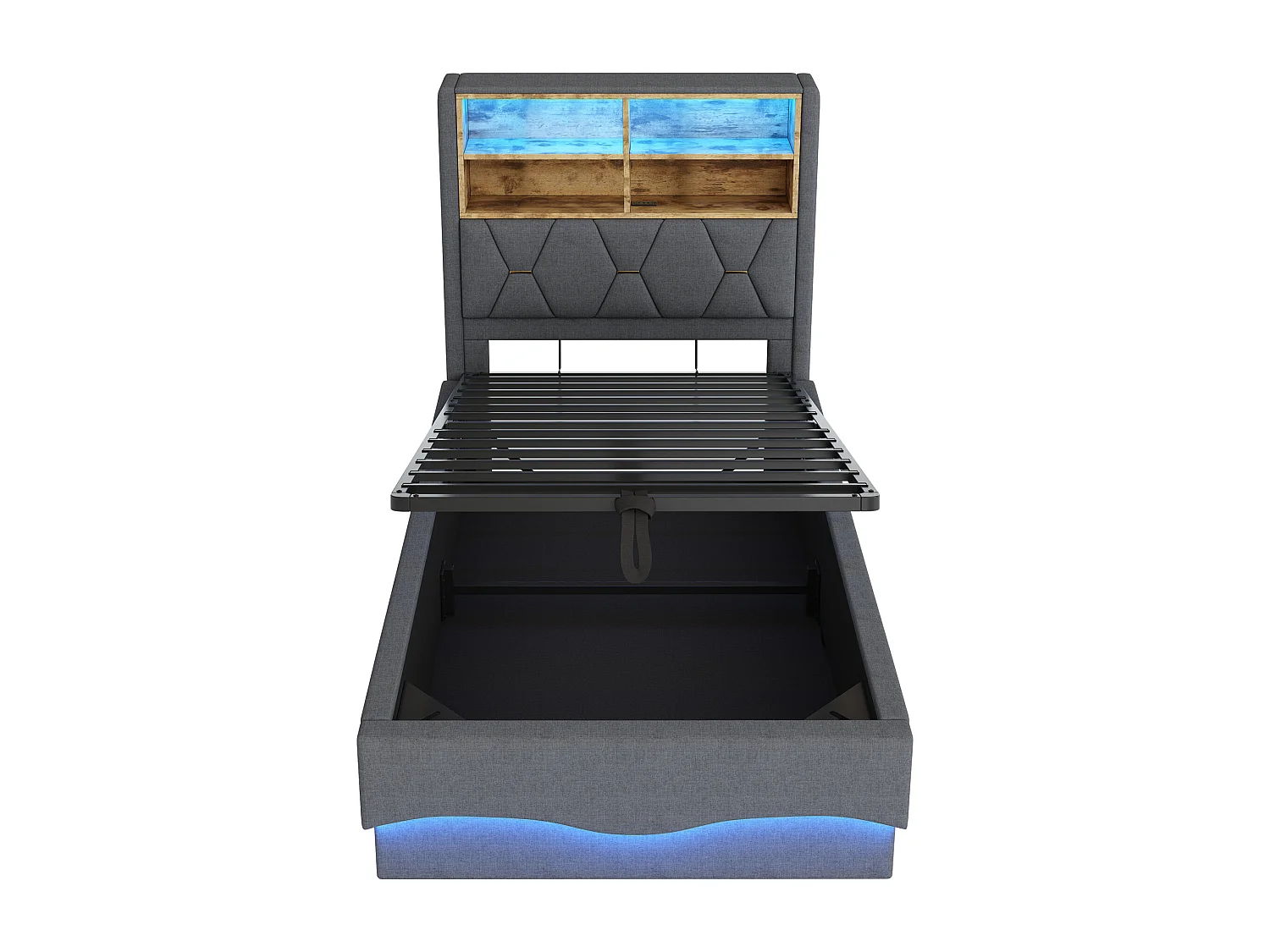 Cama con canapé de 90x200 cm en lino gris - Cama individual con LED y USB - Somier de láminas metálicas