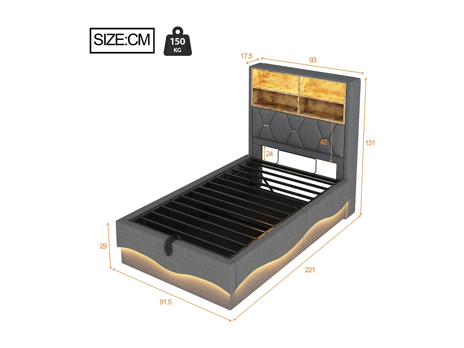 Cama con canapé de 90x200 cm en lino gris - Cama individual con LED y USB - Somier de láminas metálicas