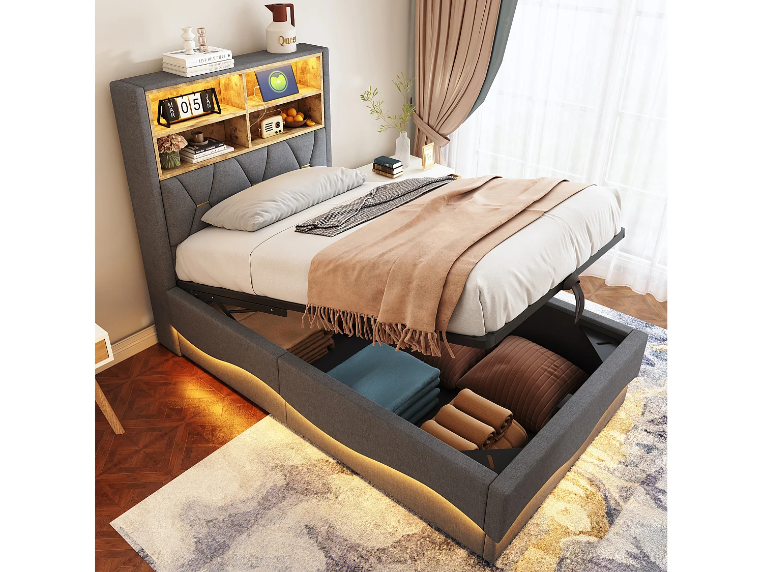 Cama con canapé de 90x200 cm en lino gris - Cama individual con LED y USB - Somier de láminas metálicas