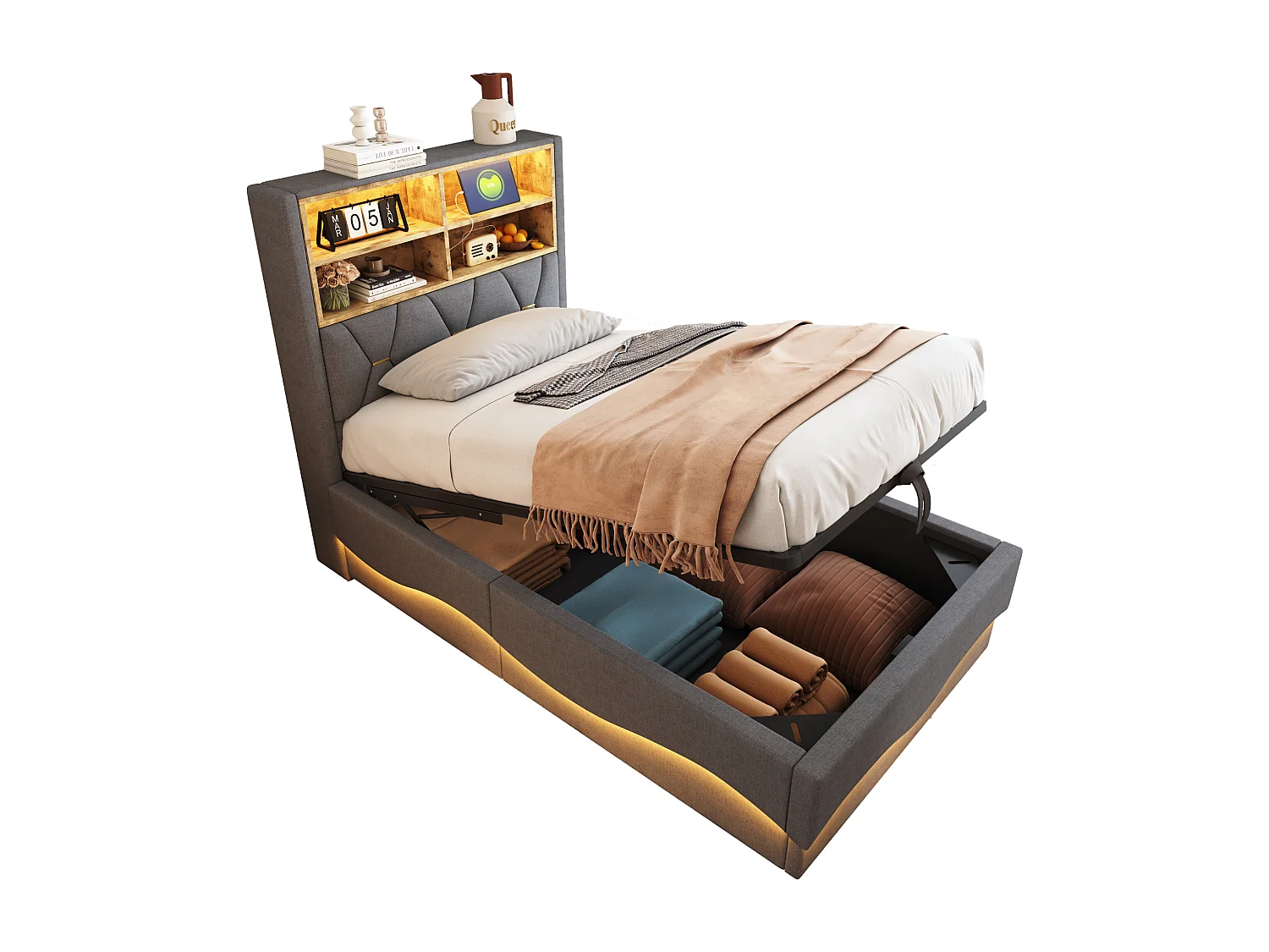 Cama con canapé de 90x200 cm en lino gris - Cama individual con LED y USB - Somier de láminas metálicas