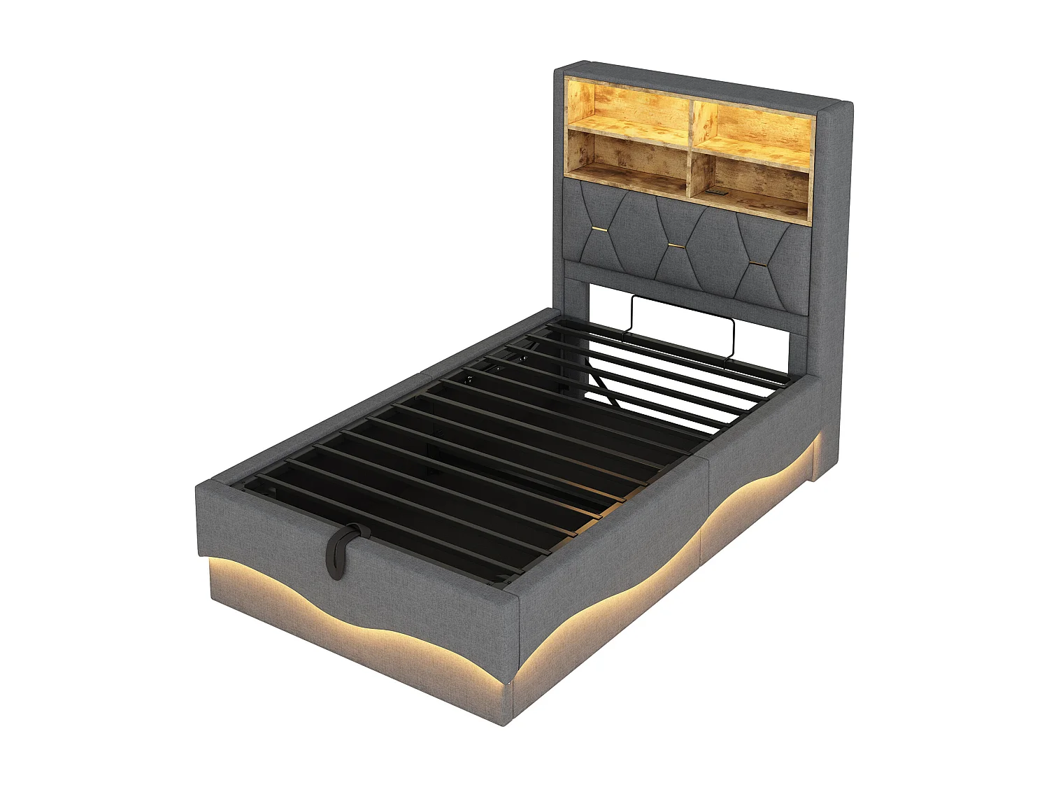 Cama con canapé de 90x200 cm en lino gris - Cama individual con LED y USB - Somier de láminas metálicas