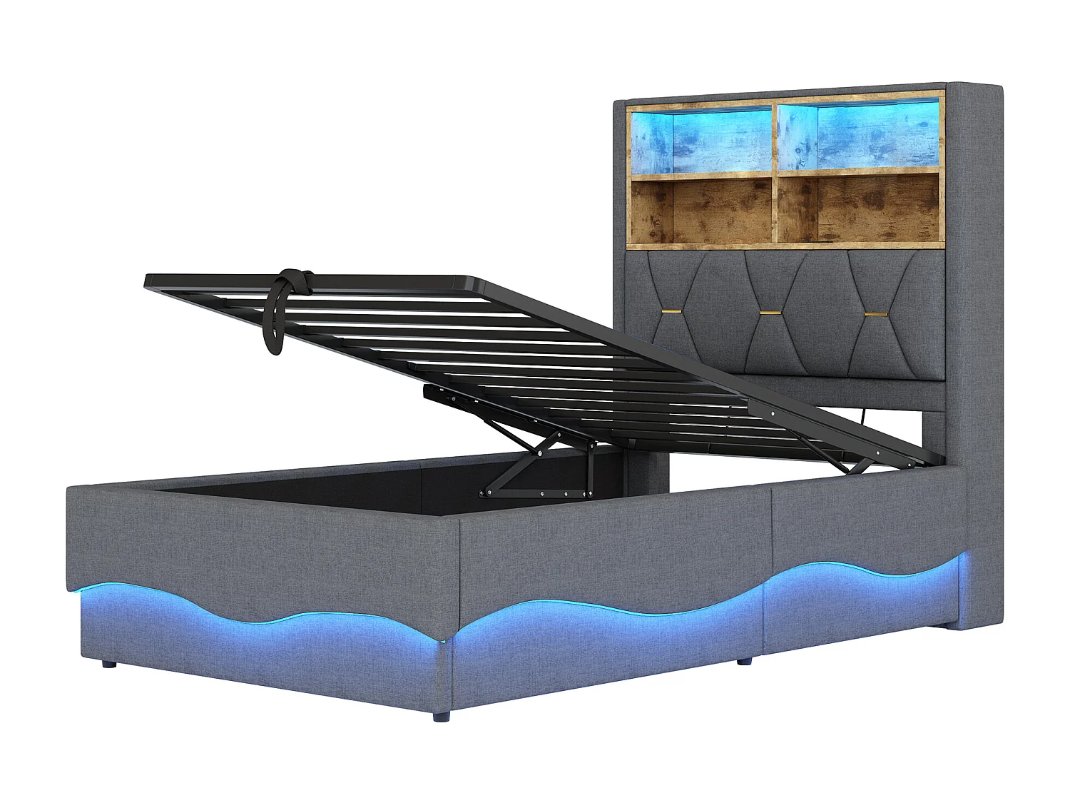 Cama con canapé de 90x200 cm en lino gris - Cama individual con LED y USB - Somier de láminas metálicas