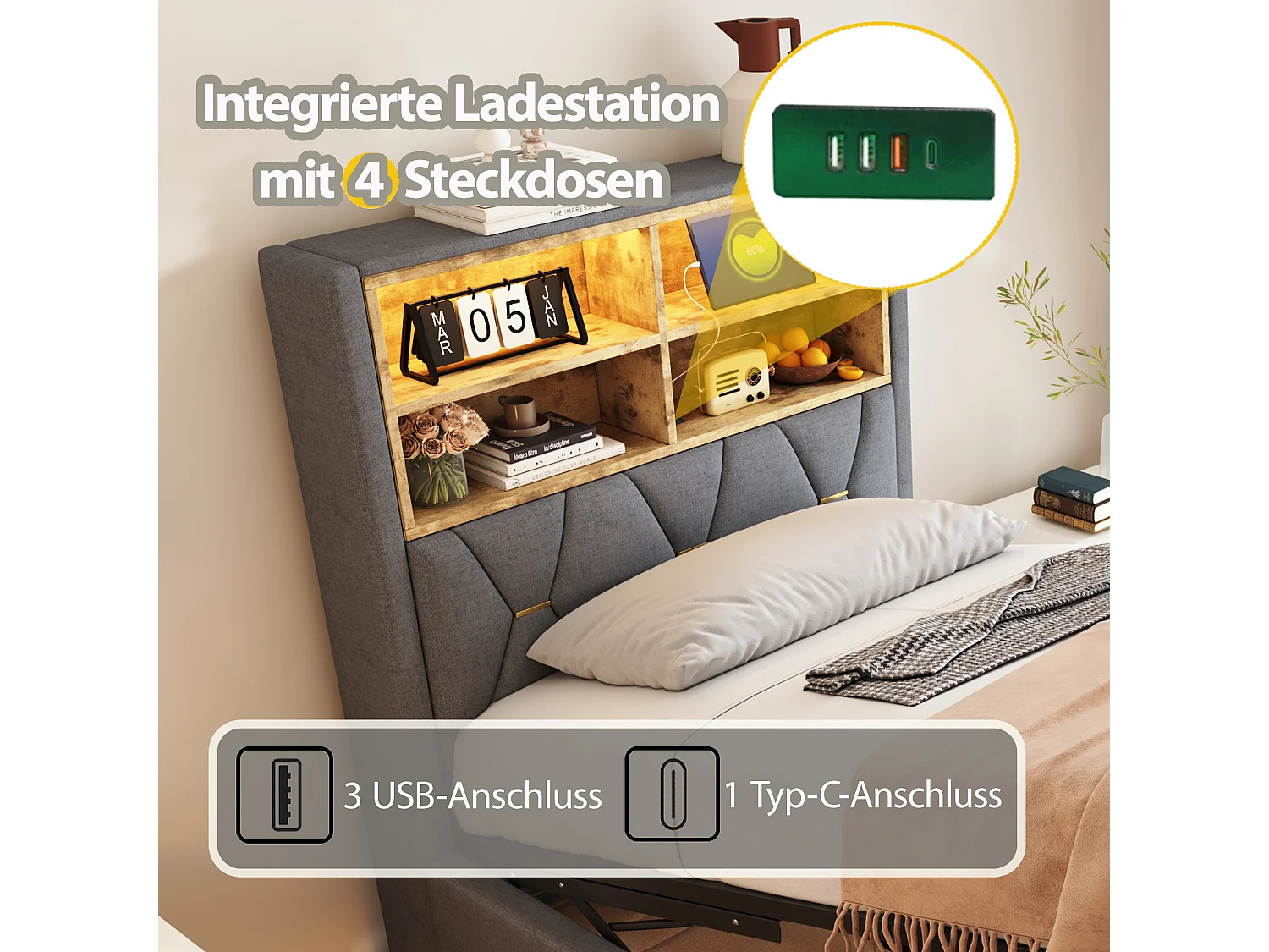 Cama con canapé de 90x200 cm en lino gris - Cama individual con LED y USB - Somier de láminas metálicas