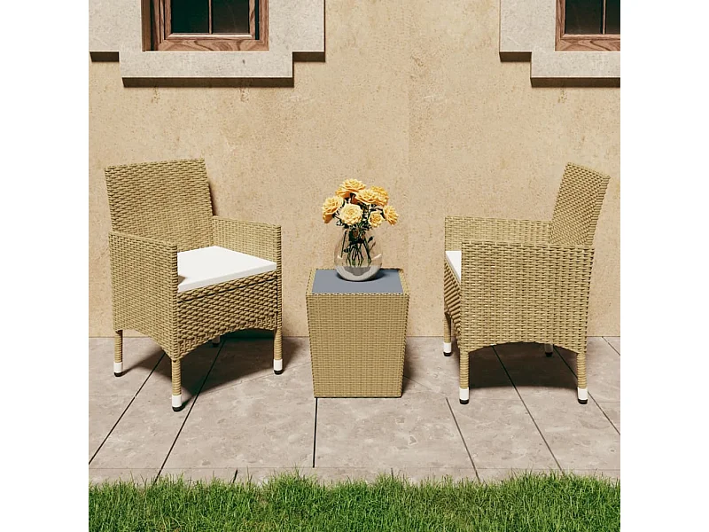 3-delige Bistroset poly rattan en gehard glas beige