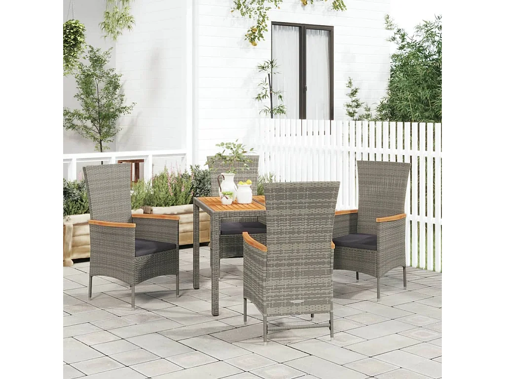 Set da Pranzo da Giardino 5 pz con Cuscini in Polyrattan Grigio