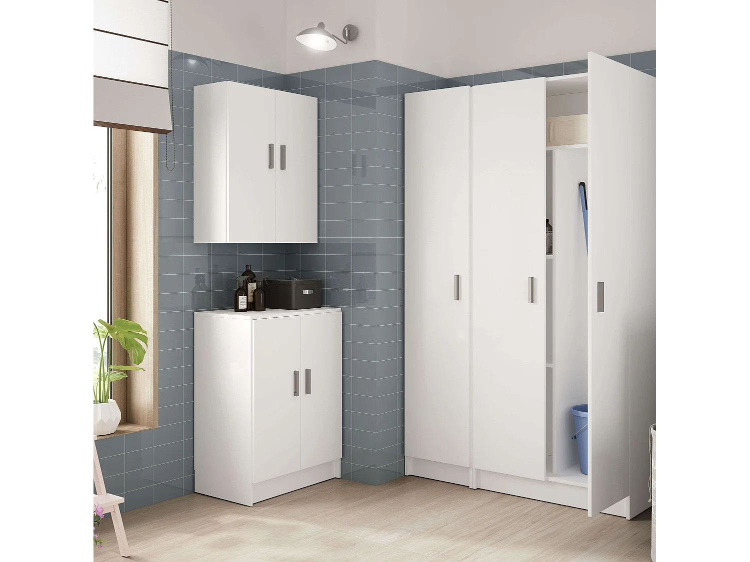 Armário auxiliar com prateleiras no banheiro e cozinha, branco, 59 x 180 x 37 cm