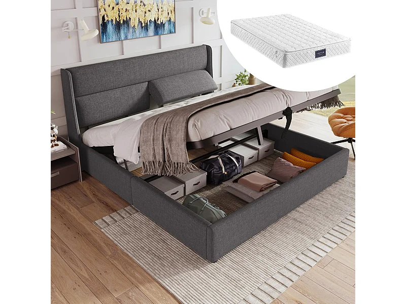 Cama de casal com arrumação, 160x200 cm, com cabeceiras ajustáveis ​​- Tecido de linho cinzento (Colchão incluído)