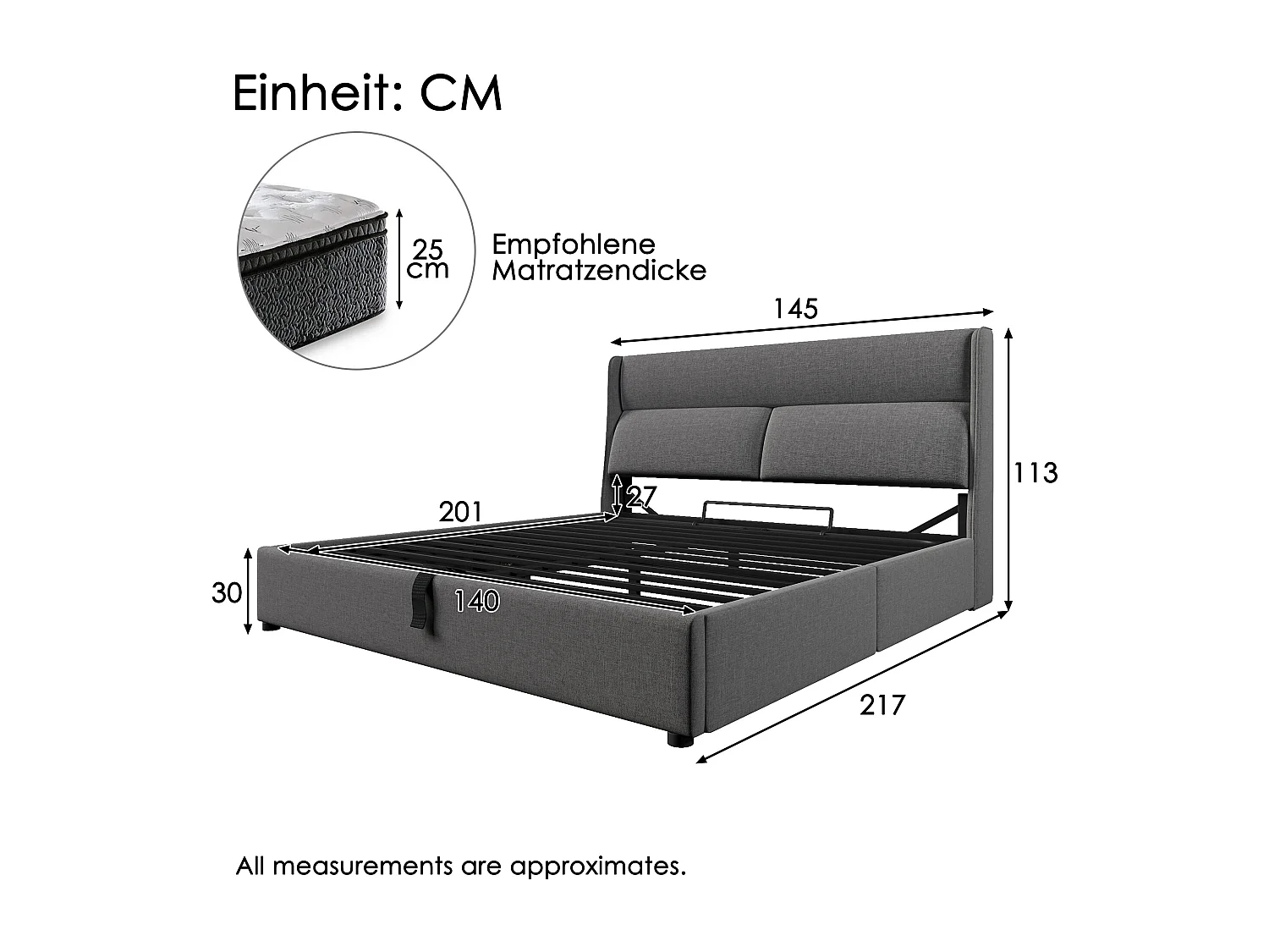 Cama doble canapé 140x200 cm con reposacabezas regulables - Tejido de lino gris (Colchón incluido)