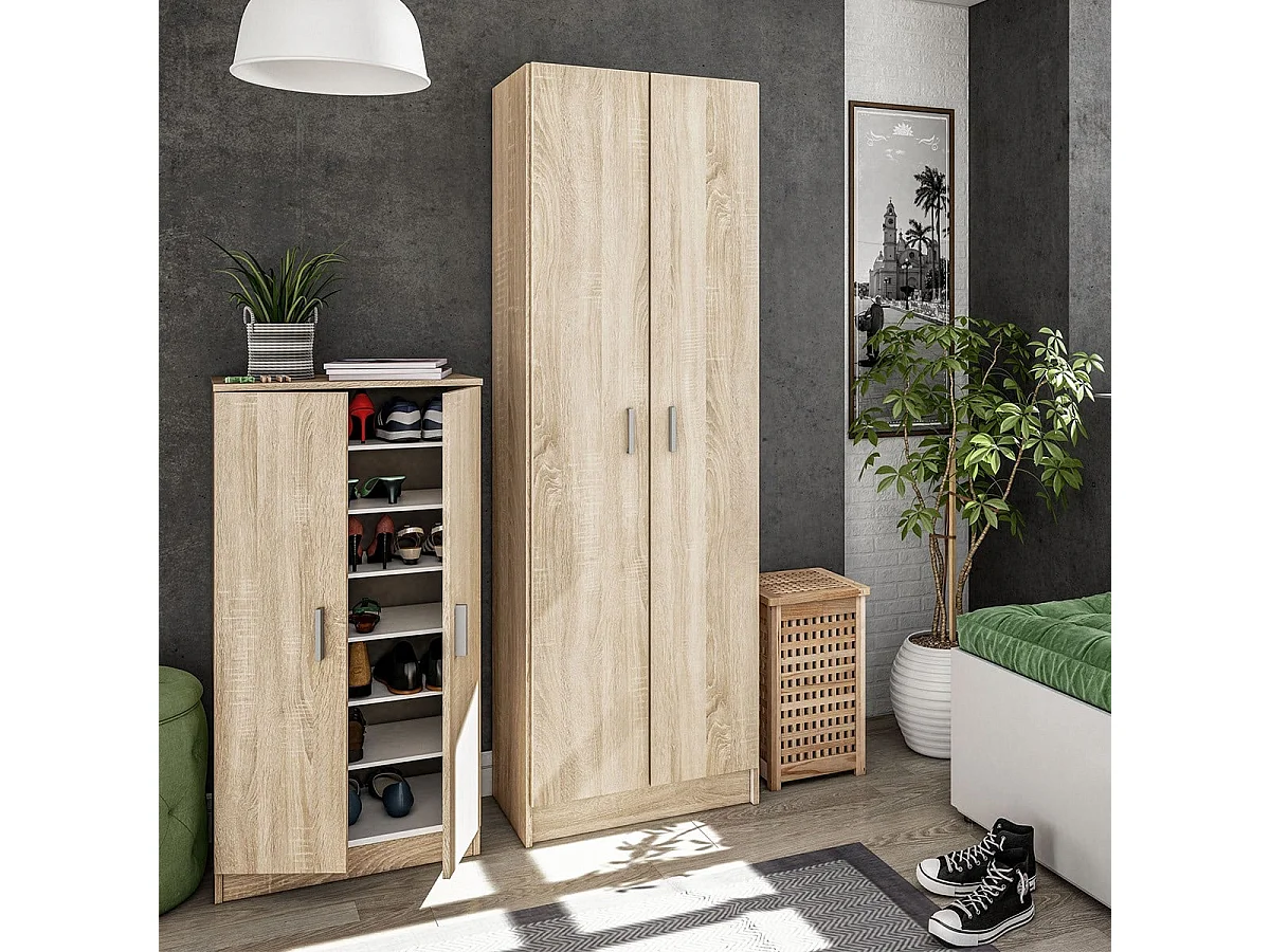 Armário de arrumação com 2 portas em madeira natural, 5 nichos, 180 cm de altura, pouca profundidade, móvel utilitário fabricado na Europa