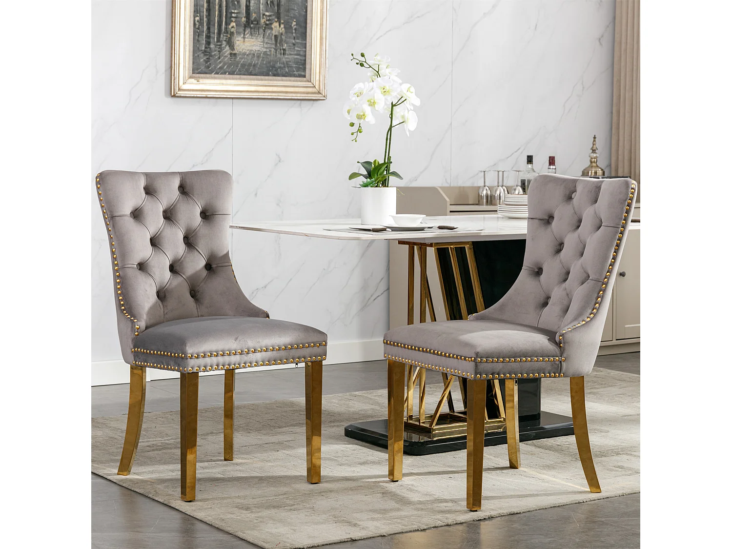 Set van 2 fluwelen stoelen met gouden metalen poten - Afgewerkt met studs - Grijs