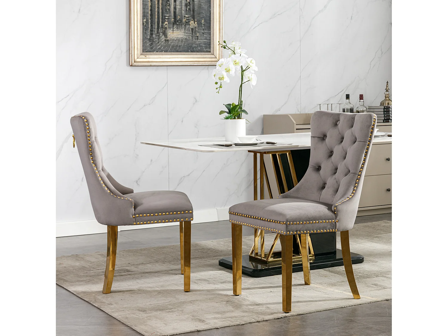 Set van 2 fluwelen stoelen met gouden metalen poten - Afgewerkt met studs - Grijs