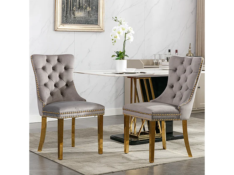 Set van 2 fluwelen stoelen met gouden metalen poten - Afgewerkt met studs - Grijs