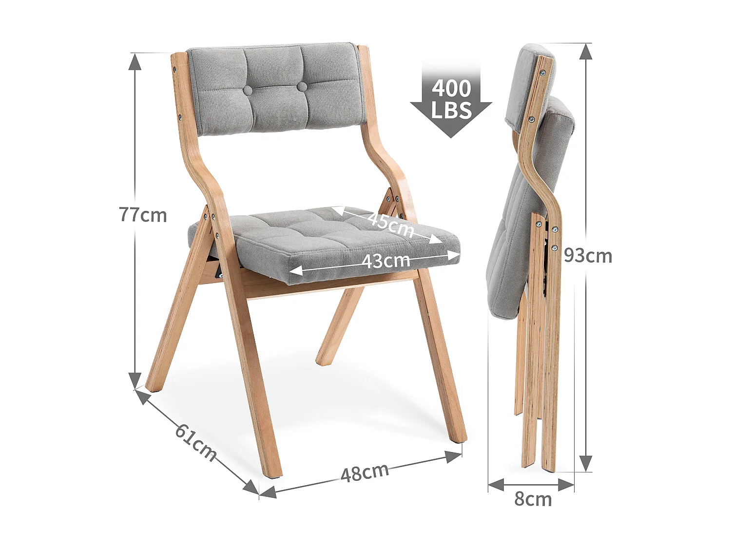 Lot de 2 chaises pliantes avec coussin - Gris et bois