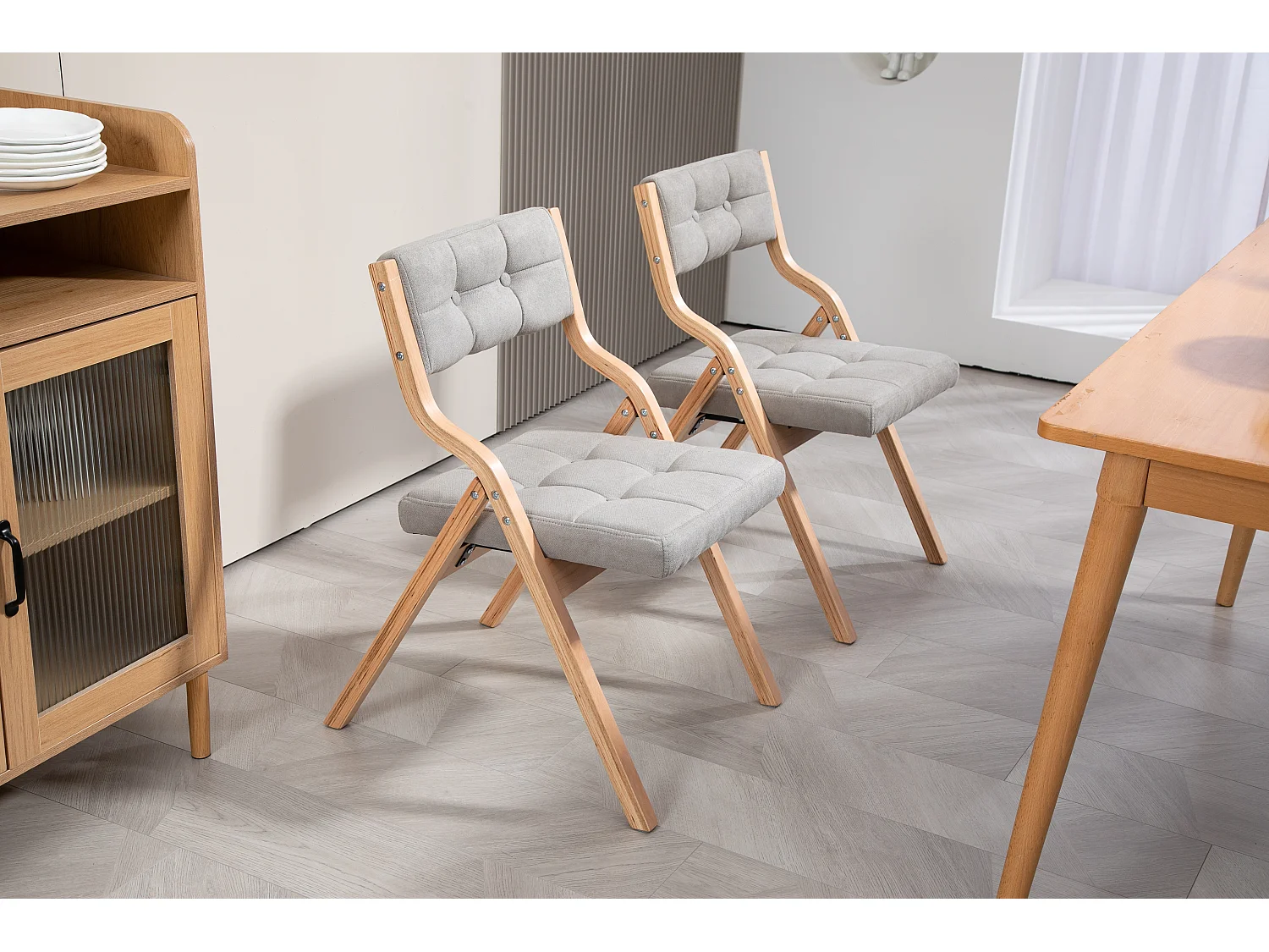 Lot de 2 chaises pliantes avec coussin - Gris et bois