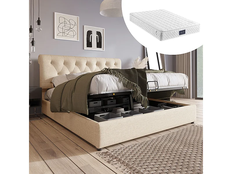 Lit coffre 160x200cm avec matelas et tête de lit réglable - Lit adulte en lin