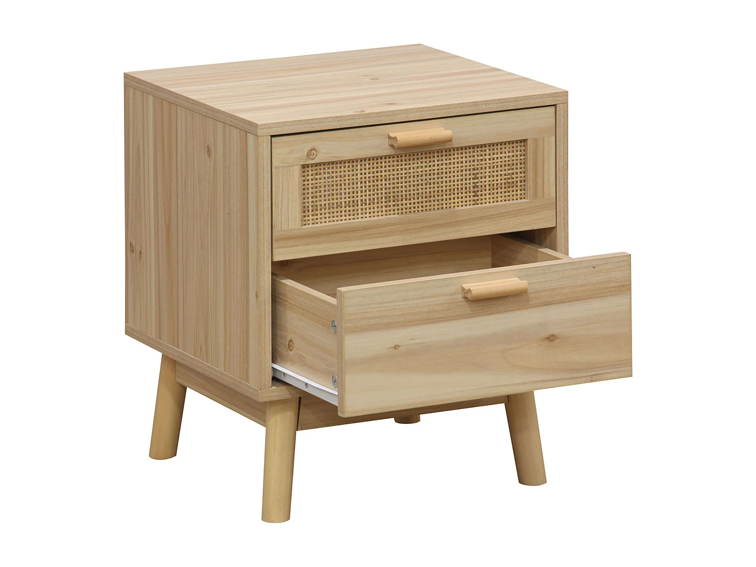 Mesa de cabeceira Vogue com 2 gavetas em melamina de pinho e rattan - 40x48x39 cm