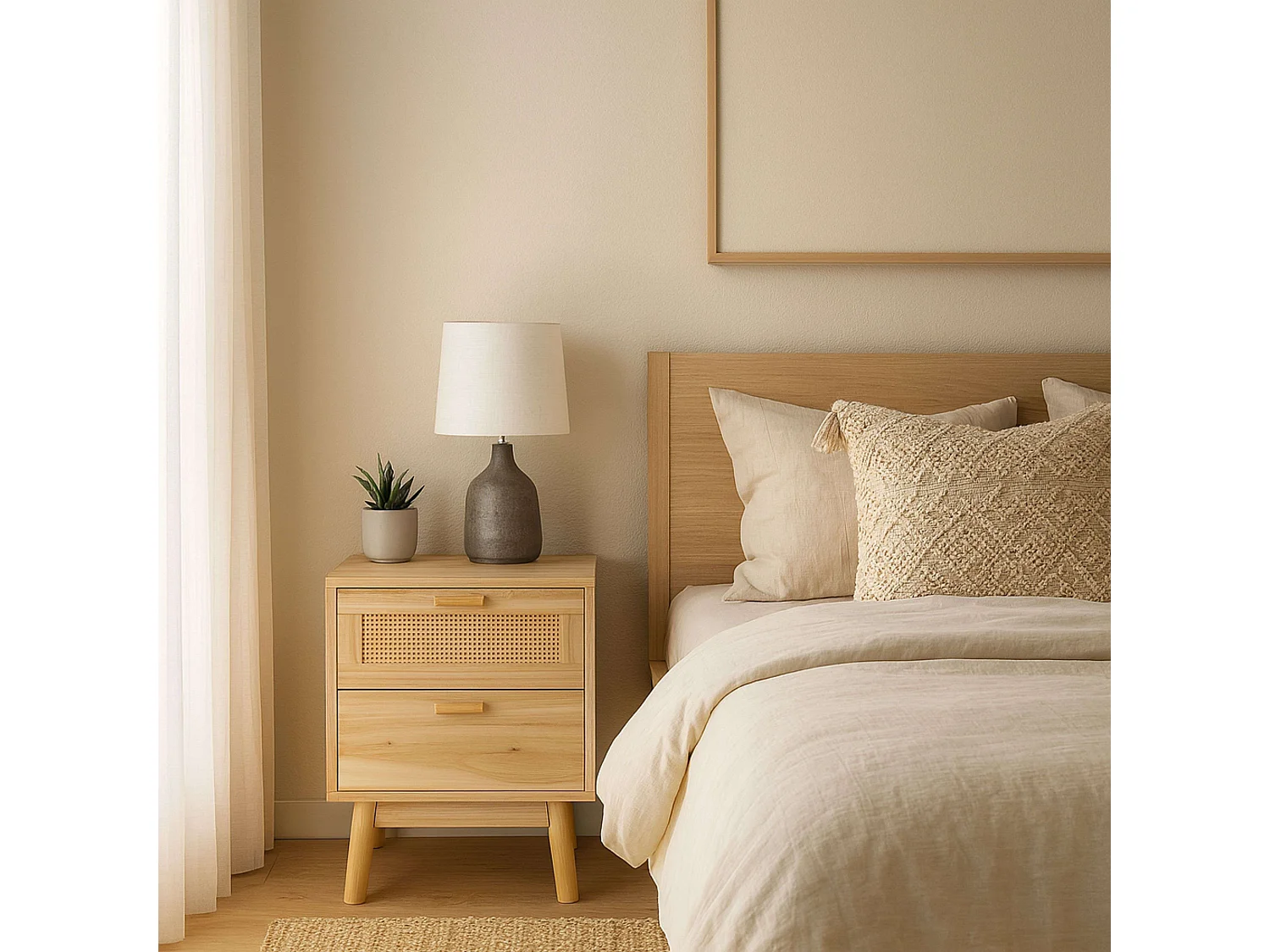 Mesa de cabeceira Vogue com 2 gavetas em melamina de pinho e rattan - 40x48x39 cm