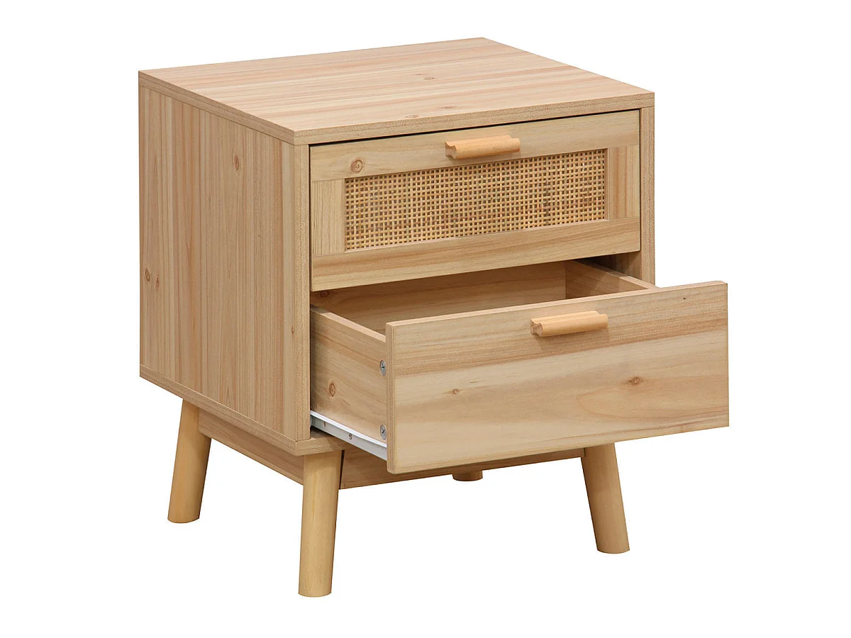 Mesa de cabeceira Vogue com 2 gavetas em melamina de pinho e rattan - 40x48x39 cm