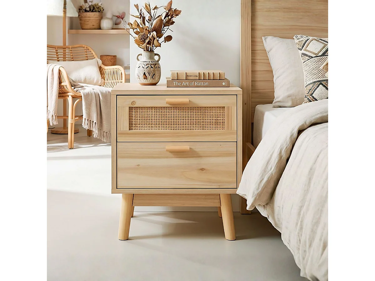Mesa de cabeceira Vogue com 2 gavetas em melamina de pinho e rattan - 40x48x39 cm