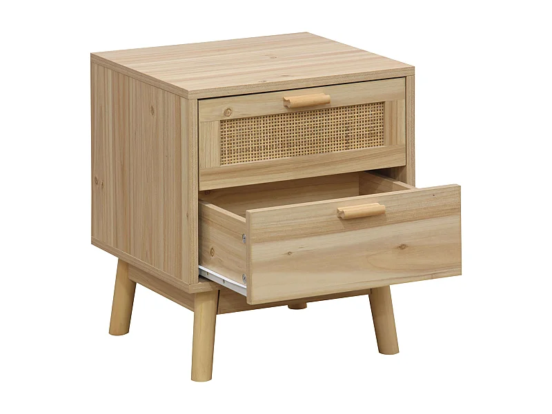 Table de chevet 2 tiroirs Vogue en mélaminé pin et rotin - 40x48x39 cm