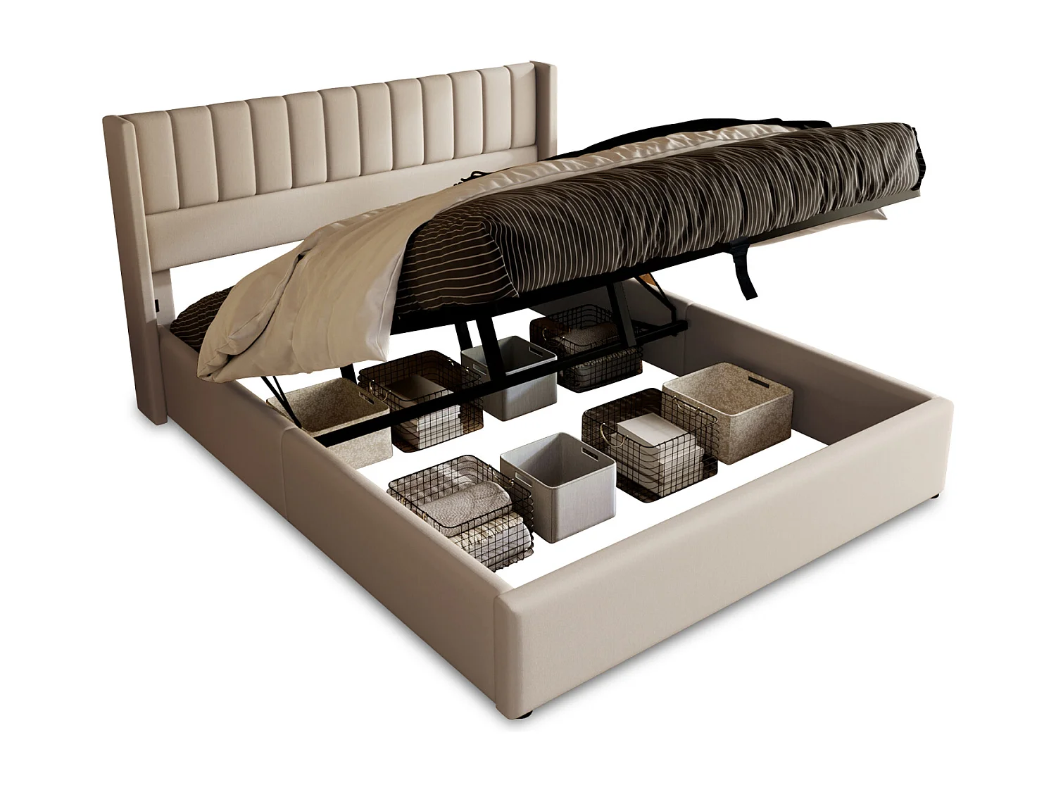 Letto contenitore matrimoniale 140x200cm - Tessuto di lino beige (Con materasso)