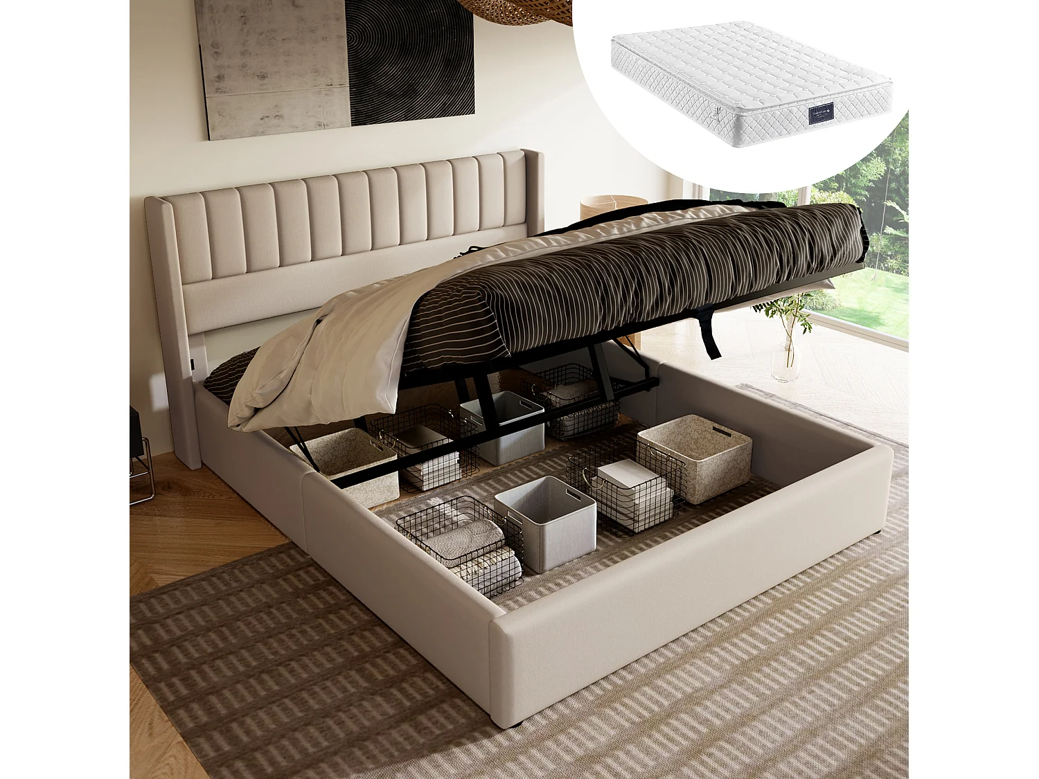 Letto contenitore matrimoniale 140x200cm - Tessuto di lino beige (Con materasso)