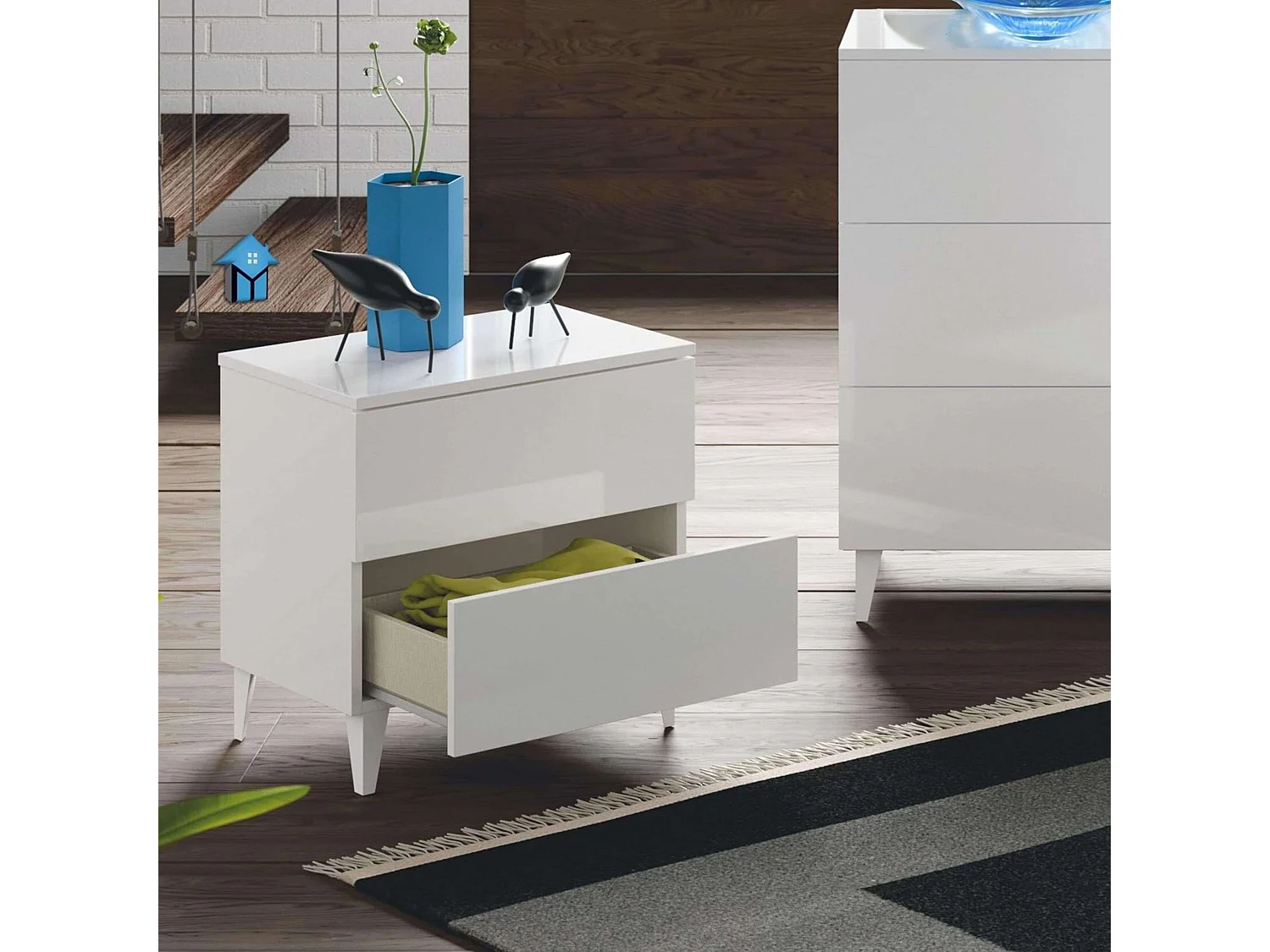 Mesa de cabeceira com gavetas, branco brilhante, 50x49x34 cm