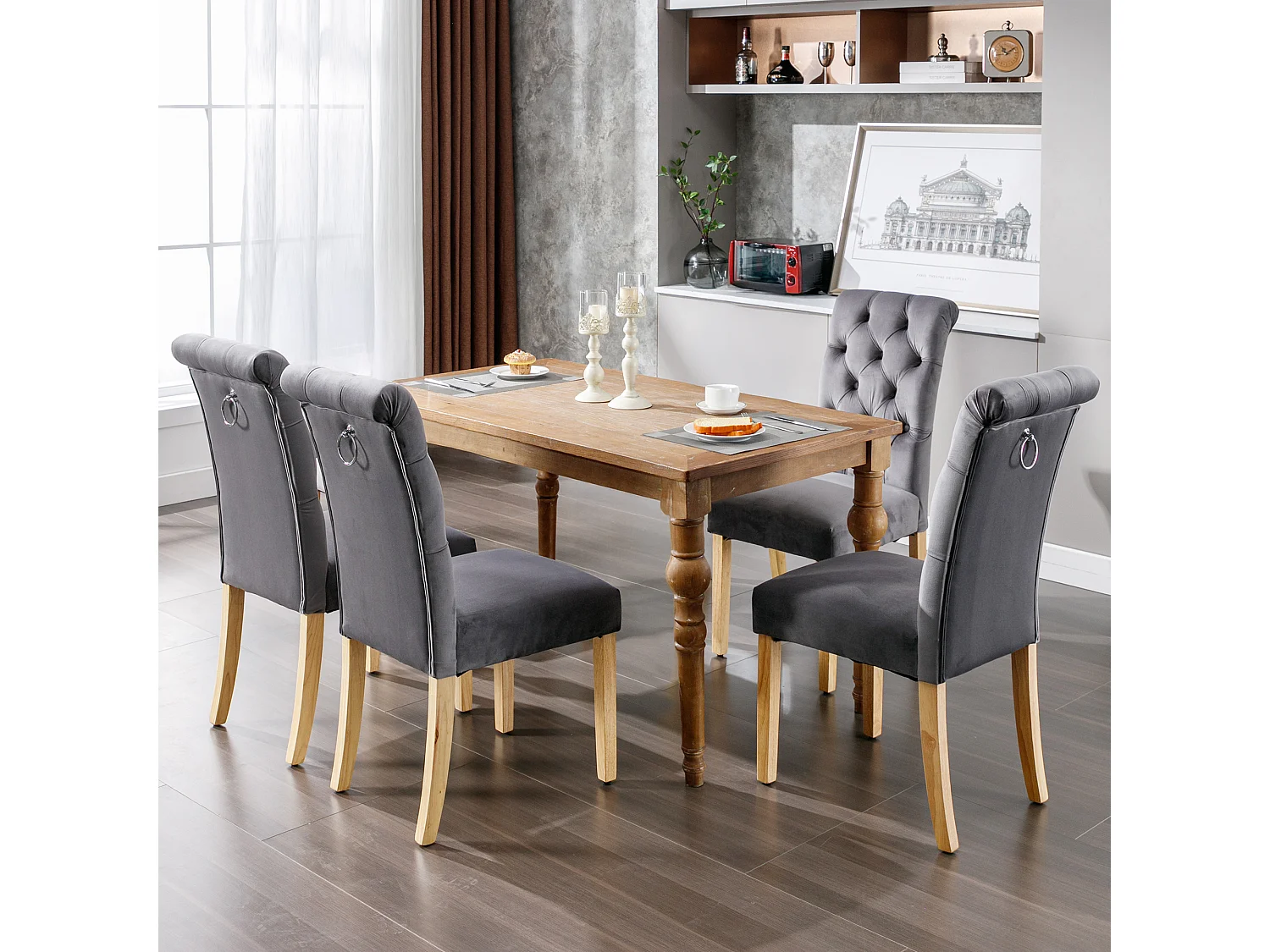 Set van 4 fluwelen stoelen met hoge rugleuningen - Eikenhouten poten - Grijs