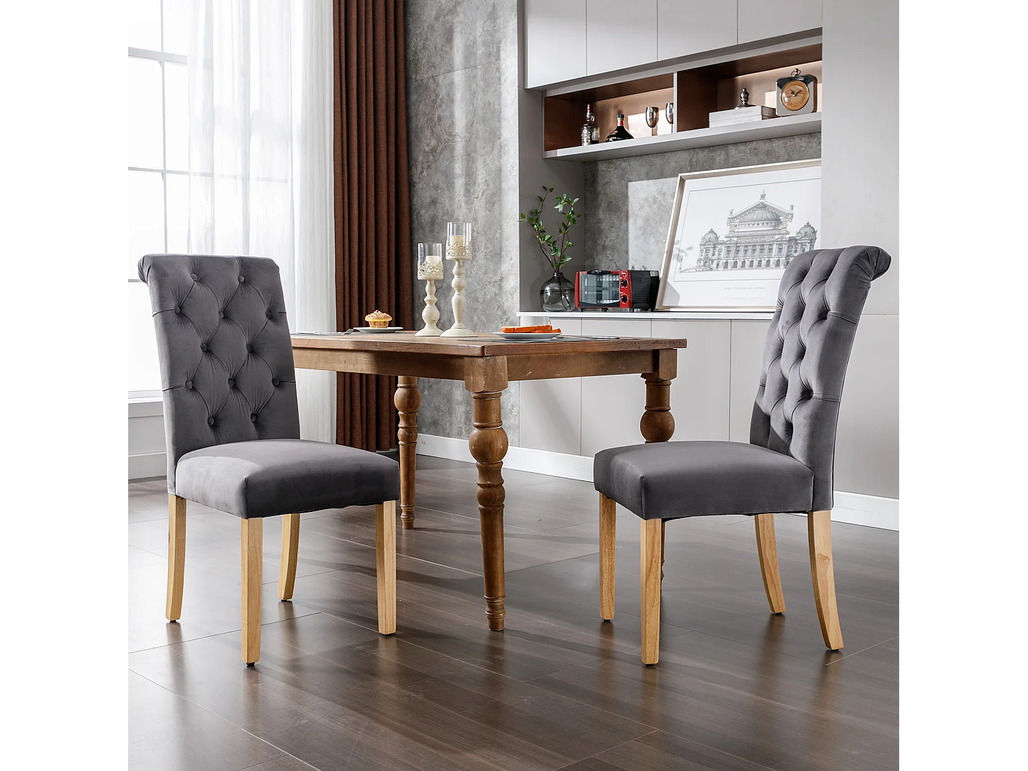 Set van 4 fluwelen stoelen met hoge rugleuningen - Eikenhouten poten - Grijs