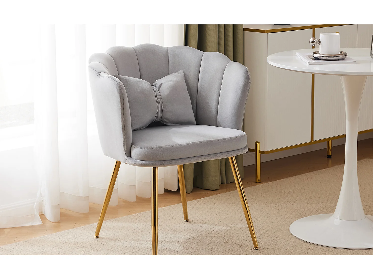 Chaise en velours avec soutien lombaire - Pieds en métal doré - Gris