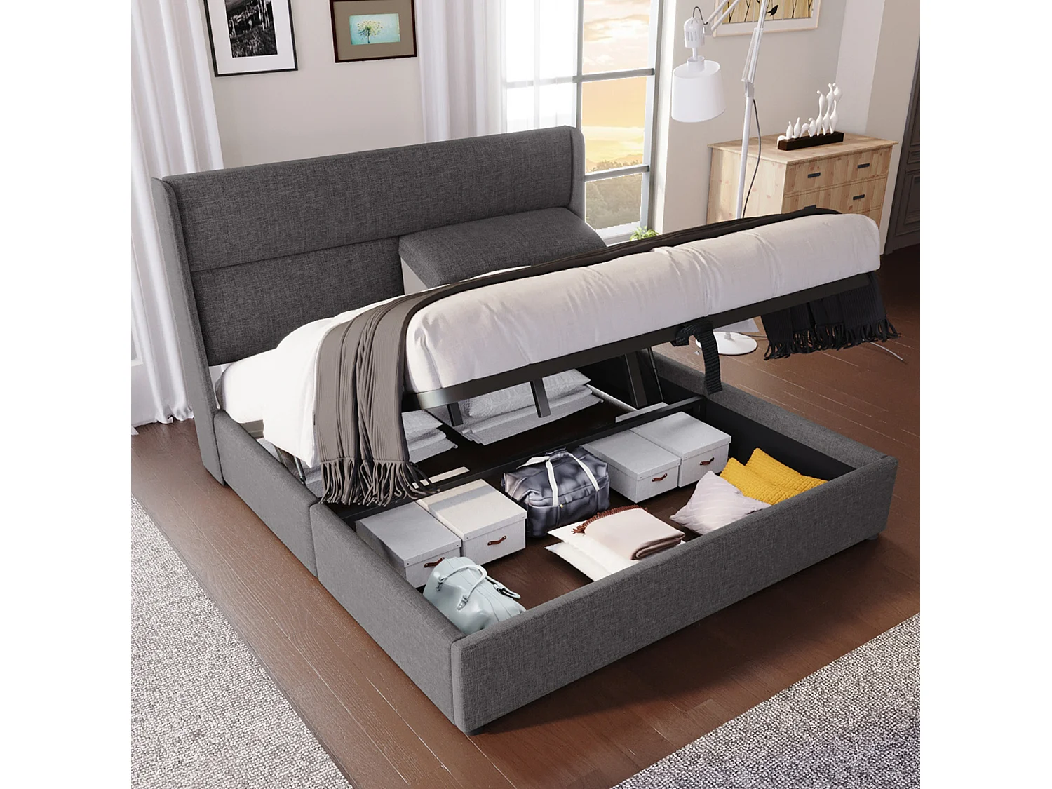 Cama doble canapé 140x200 cm con reposacabezas regulables - Somier de láminas metálicas - Lino gris