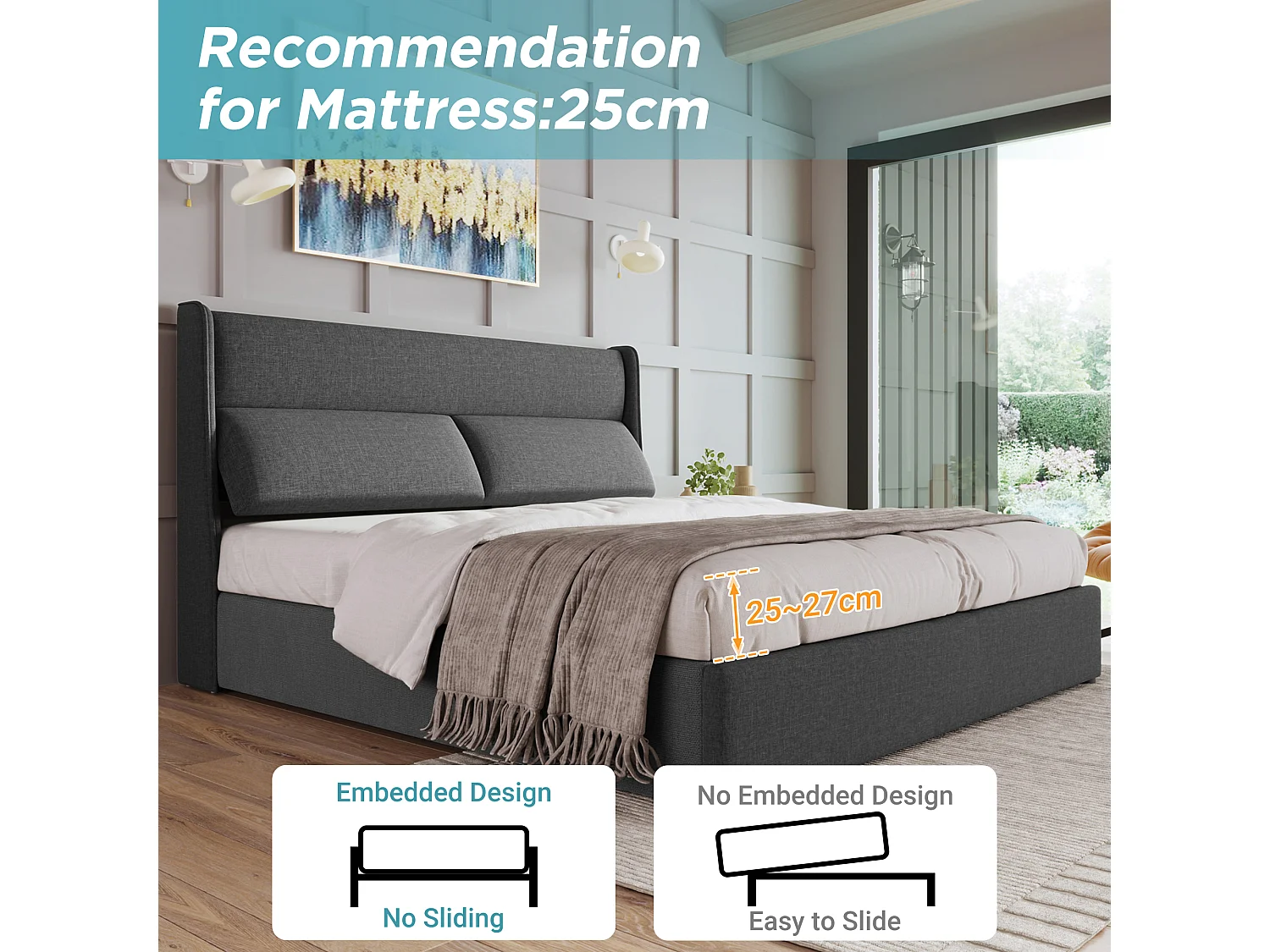 Cama doble canapé 140x200 cm con reposacabezas regulables - Somier de láminas metálicas - Lino gris