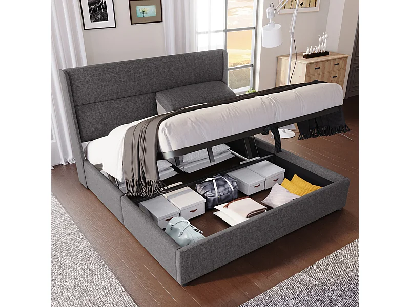 Cama doble canapé 140x200 cm con reposacabezas regulables - Somier de láminas metálicas - Lino gris