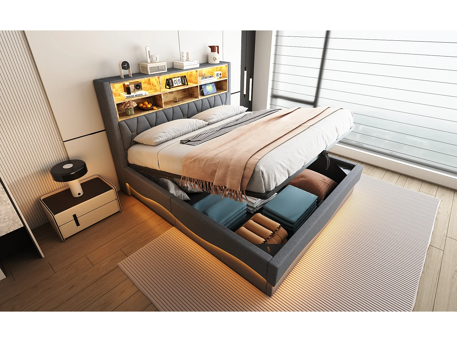 Letto contenitore 180x200 cm in lino grigio - Letto matrimoniale per adulti con LED e USB - Rete a doghe in metallo