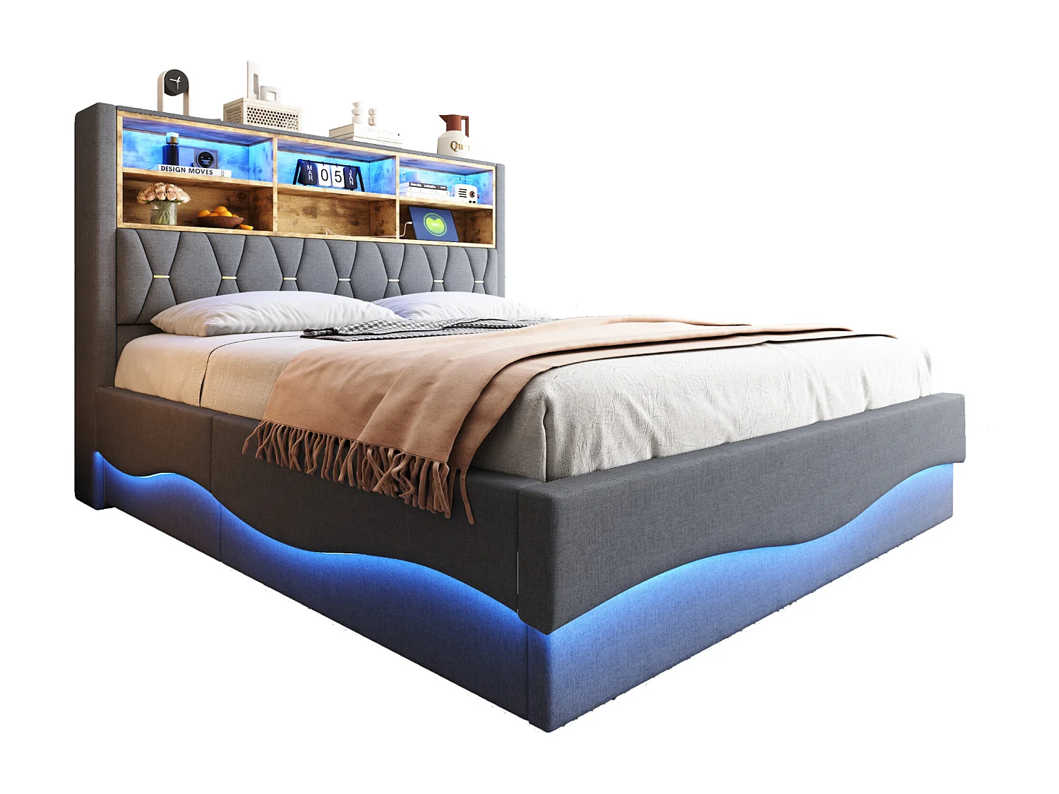 Letto contenitore 180x200 cm in lino grigio - Letto matrimoniale per adulti con LED e USB - Rete a doghe in metallo