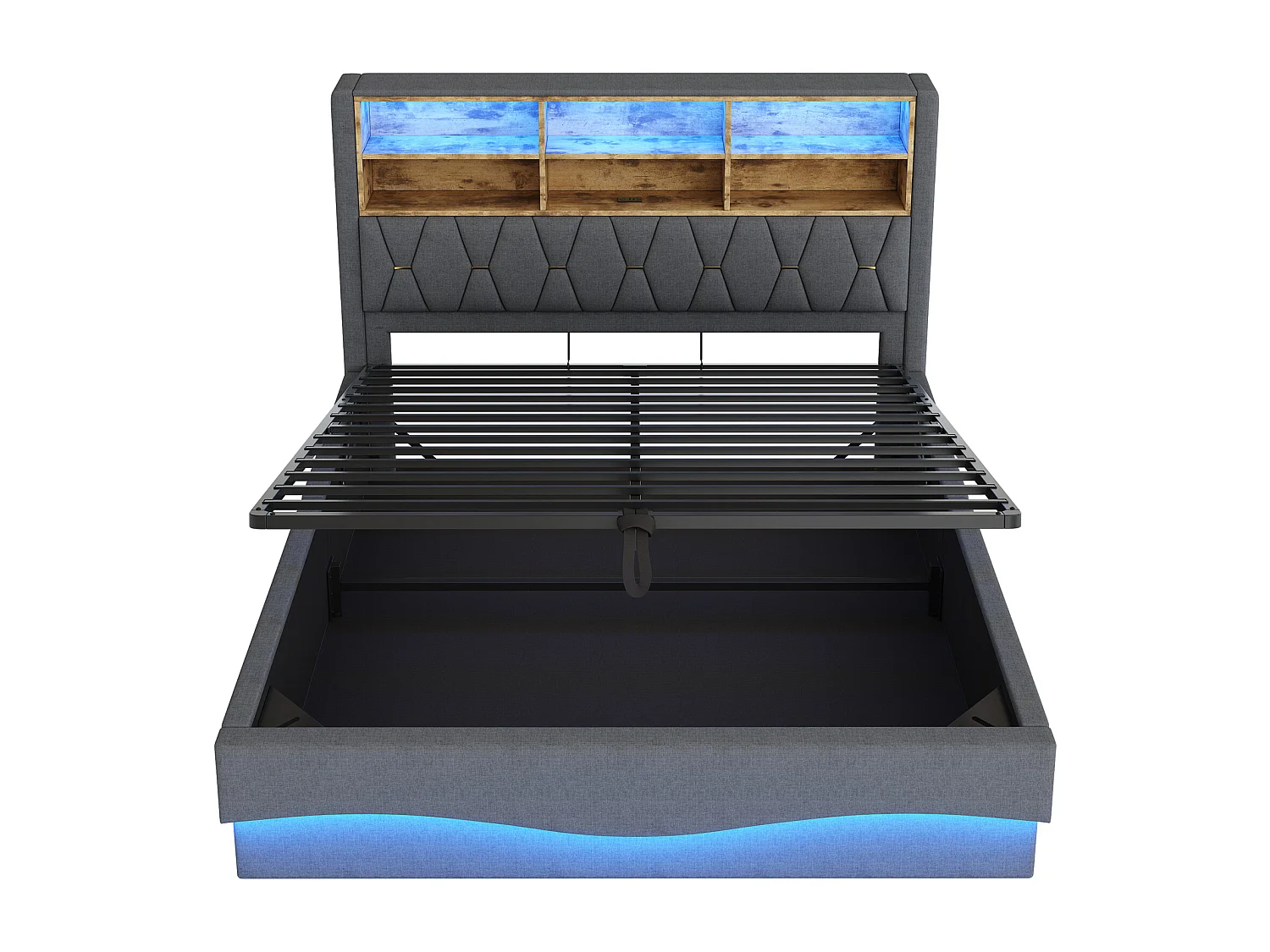 Letto contenitore 180x200 cm in lino grigio - Letto matrimoniale per adulti con LED e USB - Rete a doghe in metallo