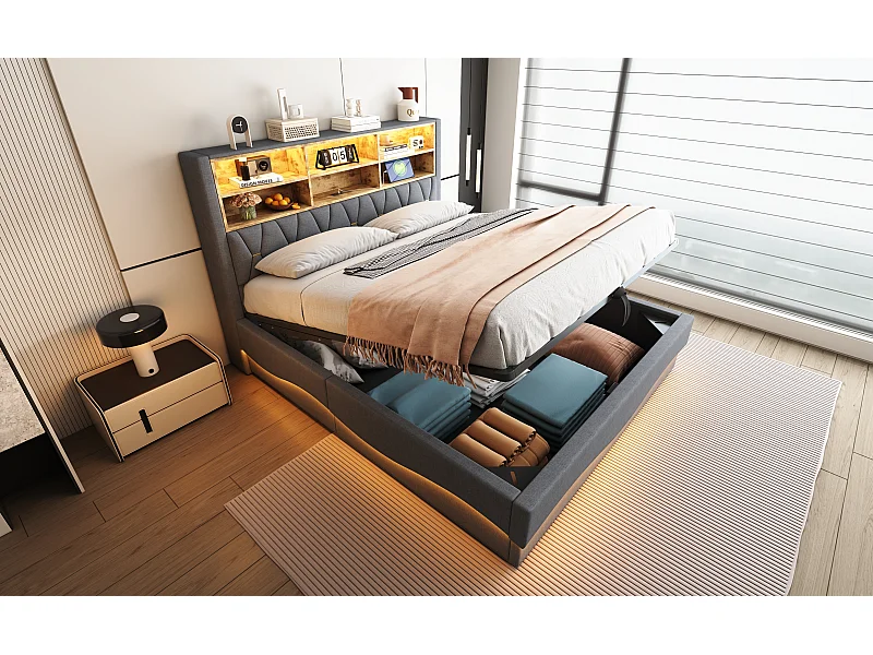 Opbergbed van 180x200 cm in grijs linnen - Tweepersoonsbed voor volwassenen met ledverlichting en usb-aansluiting - Metalen lattenbodem