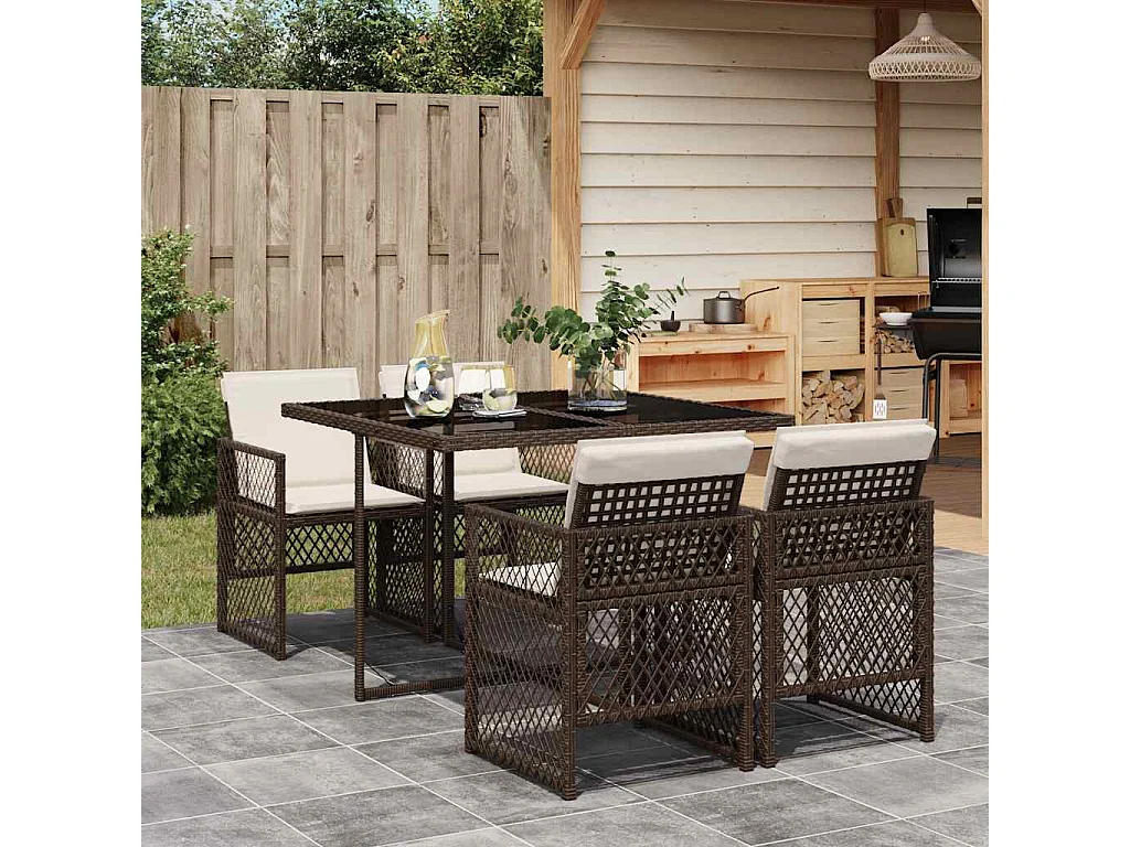 Ensemble à manger de jardin 5 pcs et coussins marron poly rotin