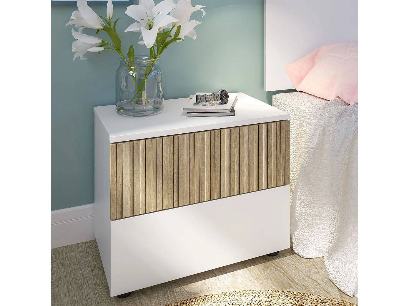 Mesita de noche Ethna color Natur y blanco Artik 50x42x34 cm