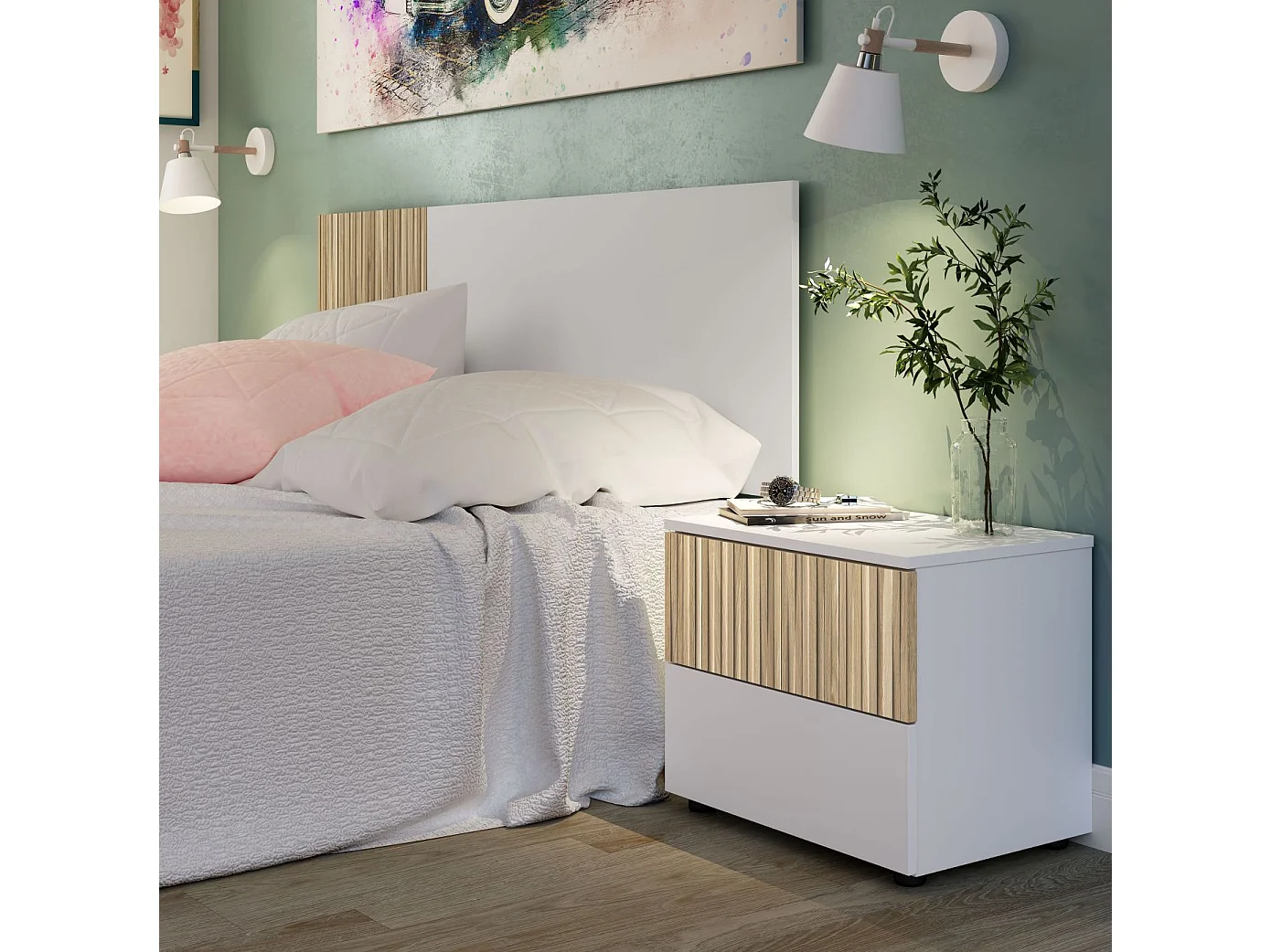 Mesita de noche Ethna color Natur y blanco Artik 50x42x34 cm