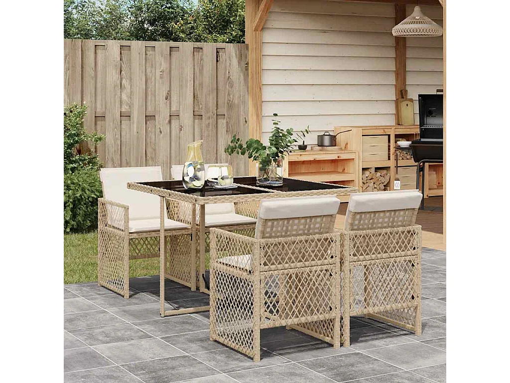 Ensemble à manger de jardin avec coussins 5pcs Beige poly rotin