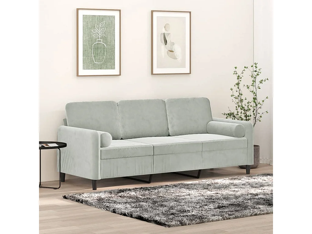 Sofá de 3 plazas con cojines terciopelo gris claro 180 cm