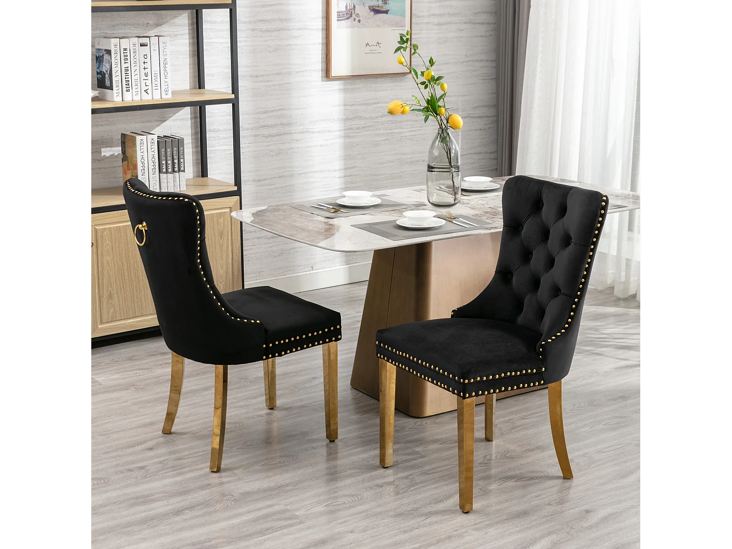 Set van 2 fluwelen stoelen met gouden metalen poten - Afgewerkt met studs - Zwart