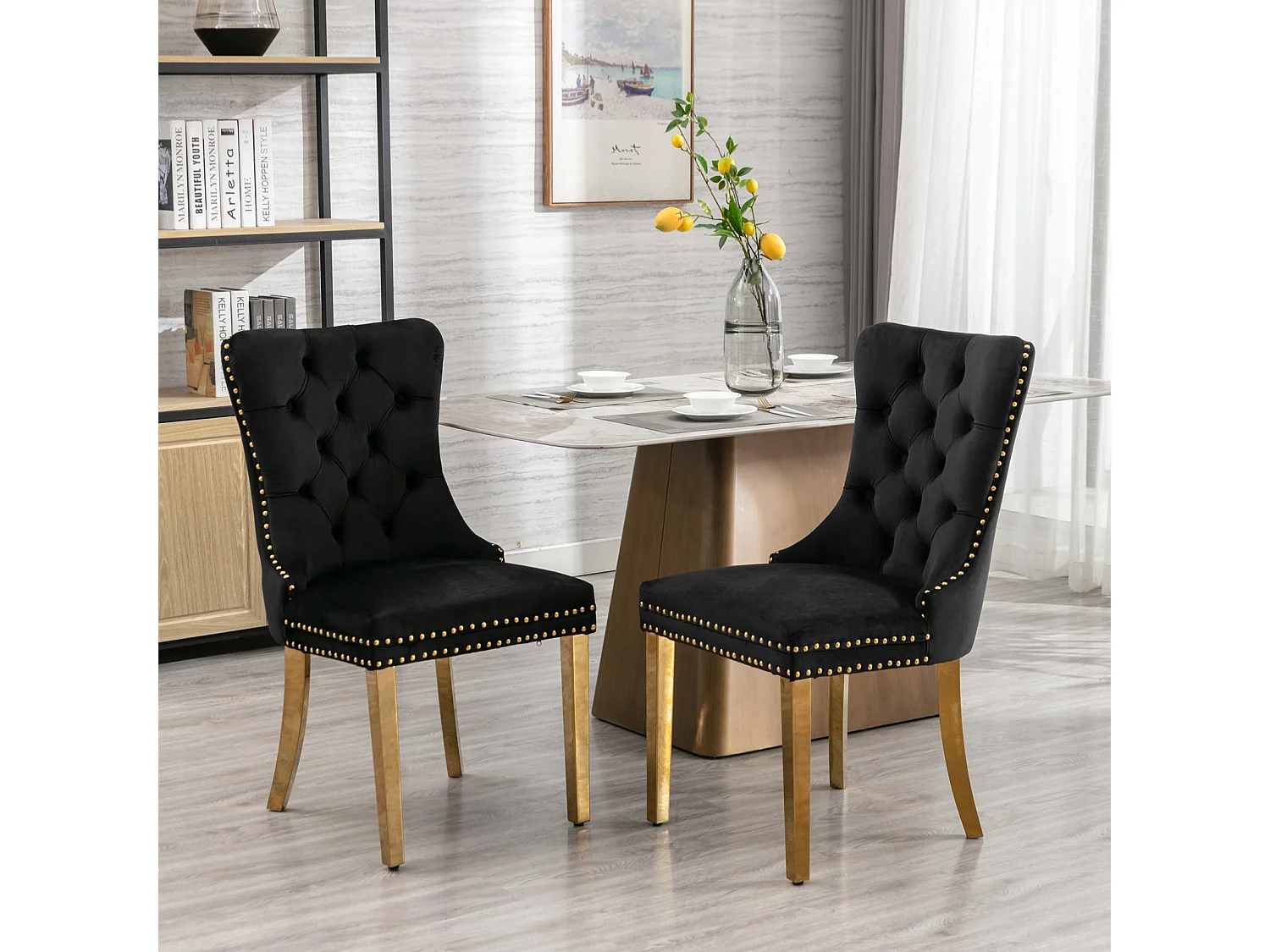 Set van 2 fluwelen stoelen met gouden metalen poten - Afgewerkt met studs - Zwart
