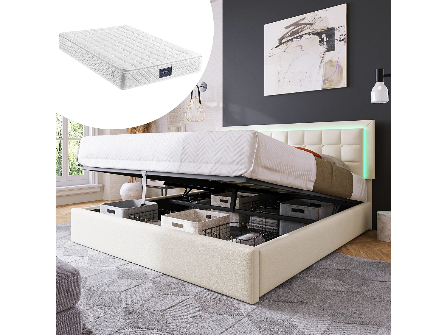 Lit coffre double 140x200cm avec LED et matelas - Lit adulte en similir cuir PU - Blanc