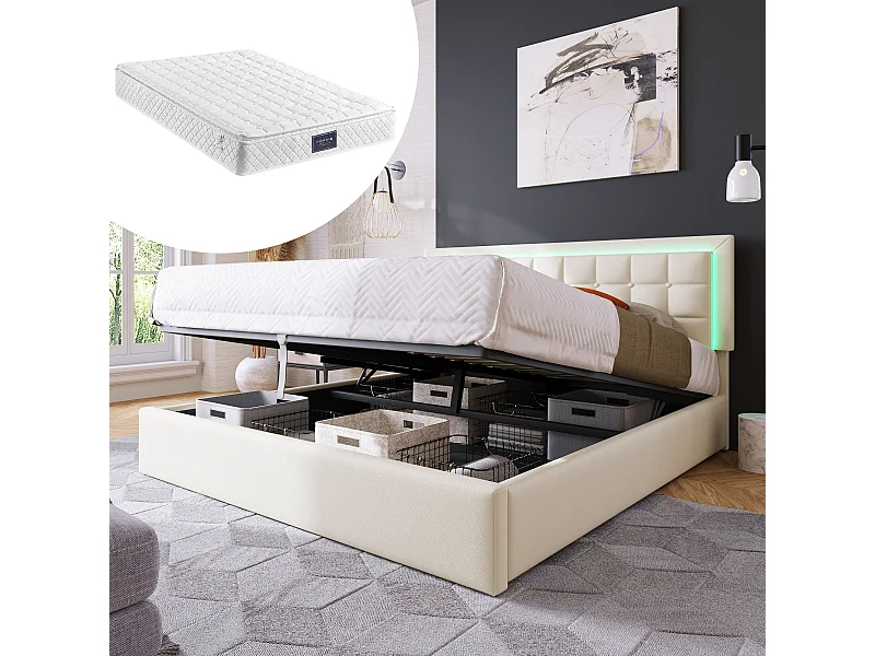 Lit coffre double 140x200cm avec LED et matelas - Lit adulte en similir cuir PU - Blanc