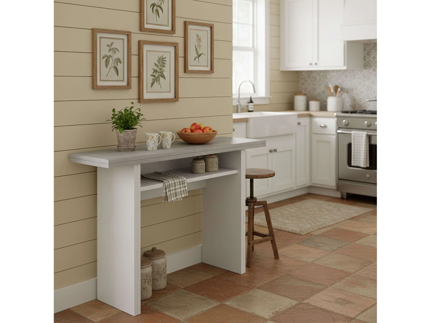 Console Tavolo, rabattable, blanc mat/ciment, 77/75x120x35x70 cm