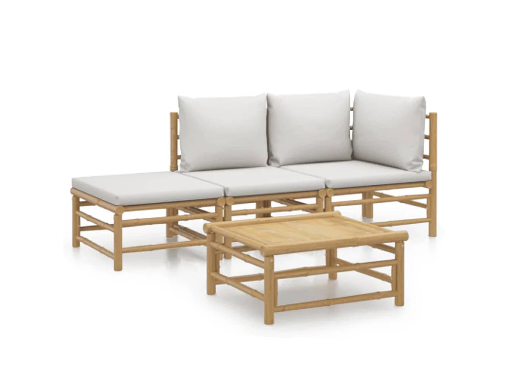 Salon de jardin 4 pcs avec coussins gris clair bambou